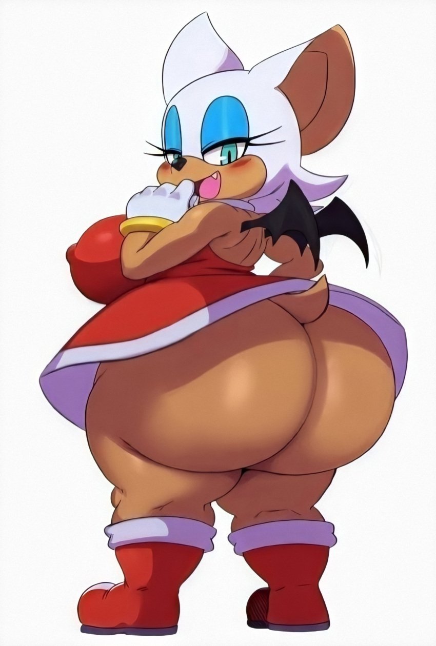 alternate_ass_size alternate_body_type amy_rose_(cosplay) ass bubble_ass bubble_butt edit erect_nipples erect_nipples_under_clothes female gtogta_(artist) huge_breasts hyper_ass looking_at_viewer looking_back looking_pleasured overweight rouge_rose rouge_the_bat shiny_ass shiny_clothes shiny_hair shiny_skin sonic_(series) sssonic2 thick_thighs upskirt