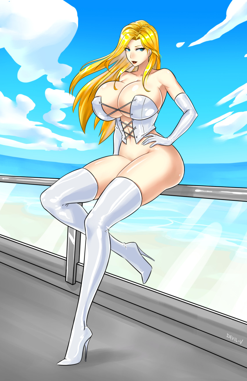 blonde_hair blue_eyes boots bottomless breasts cleavage corset devil-v emma_frost high_heel_boots high_heels huge_breasts marvel thick thigh_boots white_footwear white_queen x-men