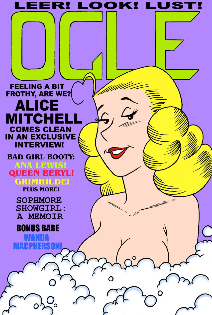 1girls alice_mitchell bath big_breasts blonde_hair bubble_bath character_name convenient_censoring dennis_the_menace english_text fake_cover fake_magazine fake_magazine_cover female lips looking_at_viewer magazine_cover milf ogle_magazine pinup purple_background red_lips red_lipstick simple_background smile soap_bubbles soap_censor solo toonytease