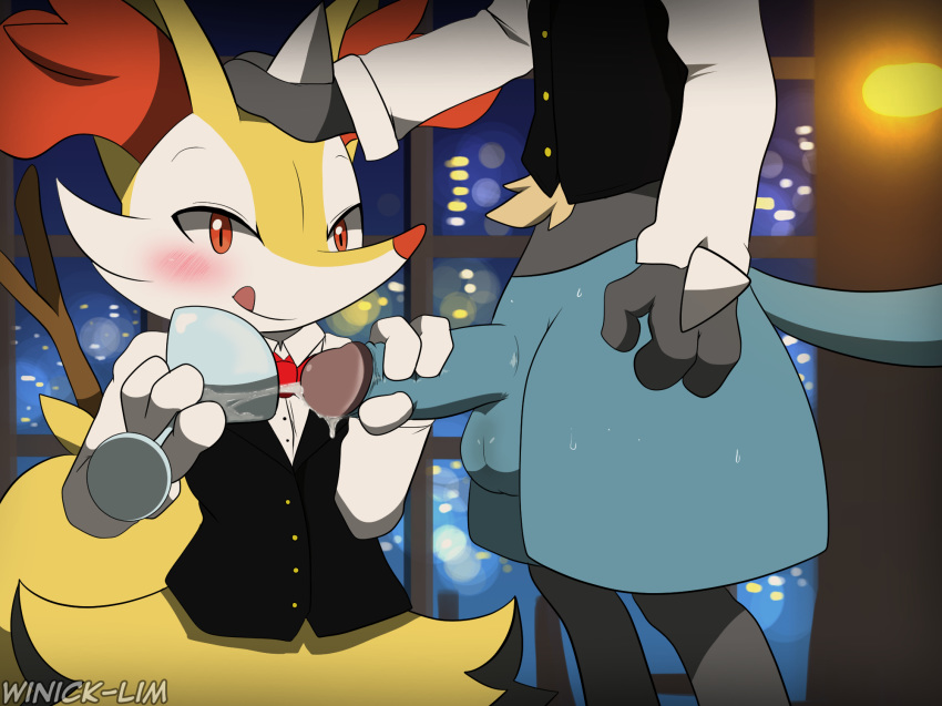 1boy 3_fingers ambiguous_gender anthro big_ears big_penis big_tail big_testicles black_fur blue_fur blue_penis blush bottomless braixen canine clothed cum cum_in_a_cup cum_in_container cumshot detailed_background drink duo ejaculation erection faceless_male fox fur furry glass hand_on_head handjob holding humanoid_penis inner_ear_fluff interspecies licking_lips lucario male nintendo orange_eyes orange_fur orgasm penis pokemon pokemon_(species) pokemon_dppt pokemon_xy red_eyes retracted_foreskin sex shirt smile spikes standing stanidng stick sweat tail tan_fur testicles text tongue tongue_out uncut video_games watermark wet white_fur winick-lim yellow_fur