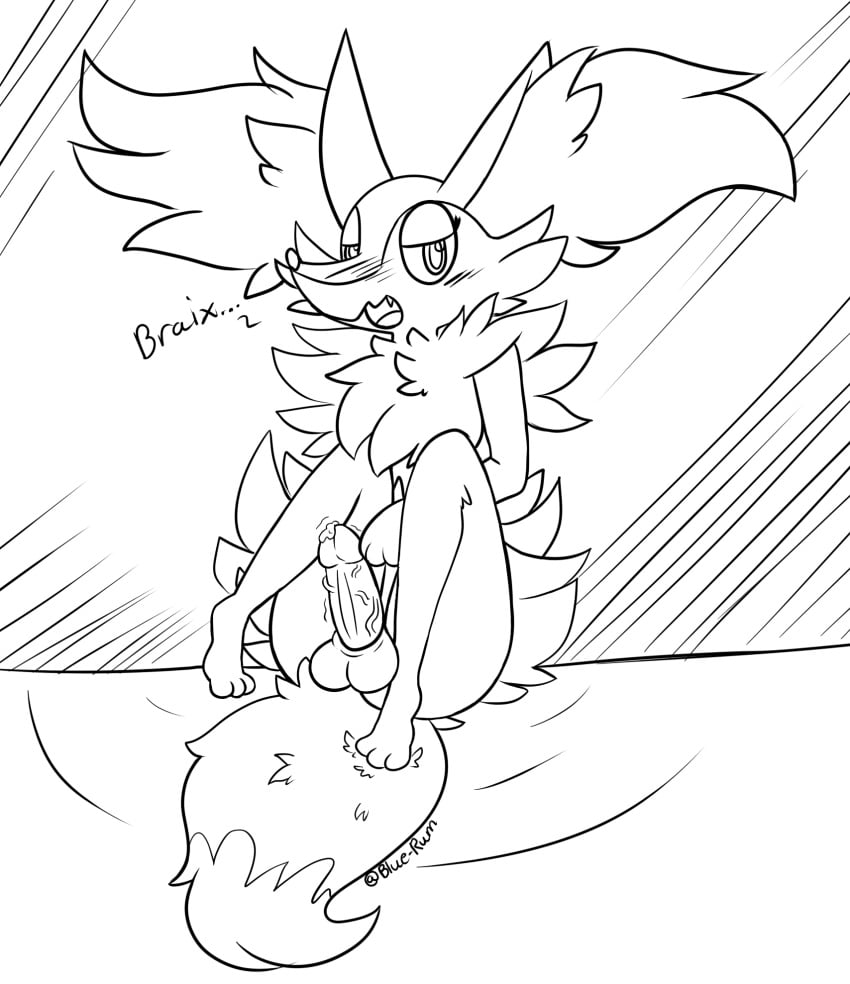 1boy 3_toes anthro ass big_ears blue-rum blush braixen canine erection eyelashes fang feet femboy fluffy fluffy_tail fox furry girly half-closed_eyes inner_ear_fluff legs_up looking_at_viewer male male_only mammal monochrome nintendo nude open_mouth paws penis pokémon_(species) pokemon pokemon_(species) pokemon_xy precum sitting solo tail testicles text tongue trembling veiny_penis video_games watermark white_background