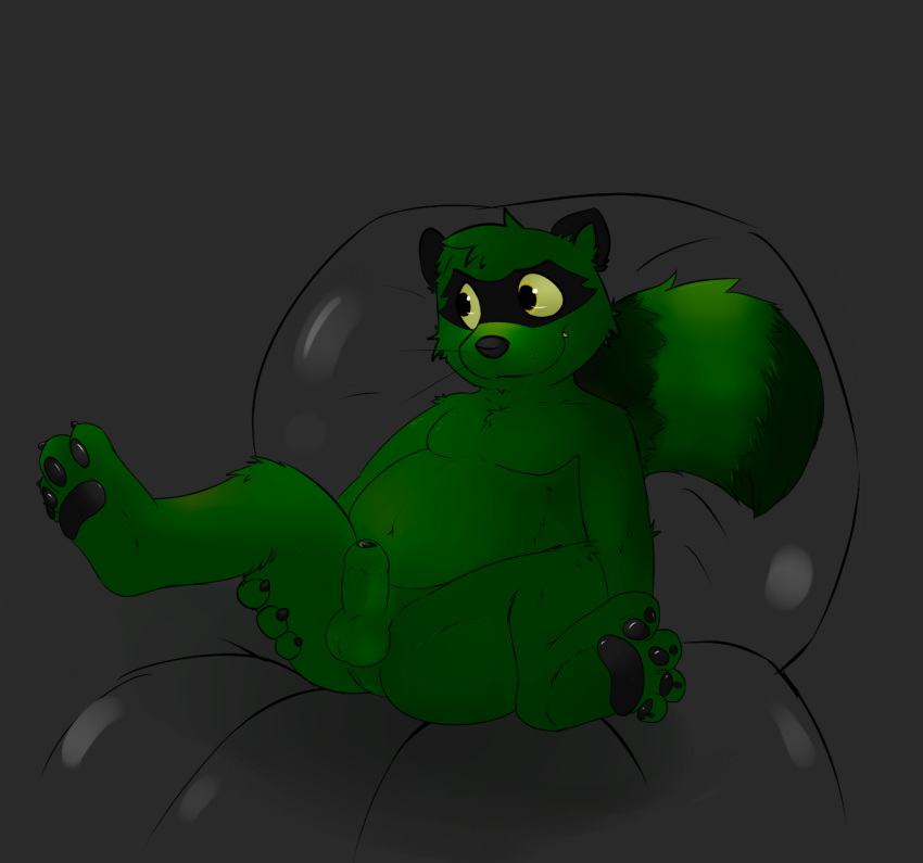 4_fingers 4_toes anthro balls erection foreskin fur green_fur humanoid_penis knox_(artist) male male_only mammal navel partially_retracted_foreskin pawpads penis perineum precum presenting presenting_penis procyonid raccoon simple_background sitting slightly_chubby solo spread_legs spreading toes uncut yellow_eyes yellow_sclera