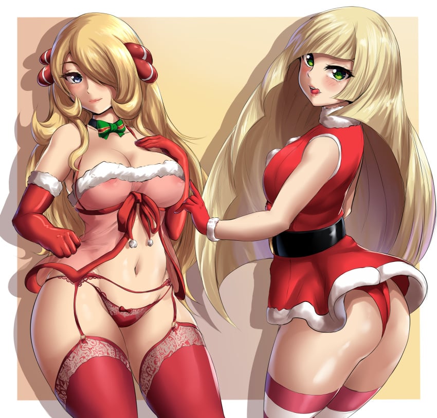 2girls ass blonde blonde_female blonde_hair blush breasts christmas_outfit cynthia_(pokemon) eye_contact female gloves green_eyes leonart long_hair looking_at_viewer lusamine_(pokemon) mature_female milf mother nintendo pokémon pokemon pokemon_champion pokemon_dppt pokemon_sm stockings thick_thighs thighs transparent_clothing