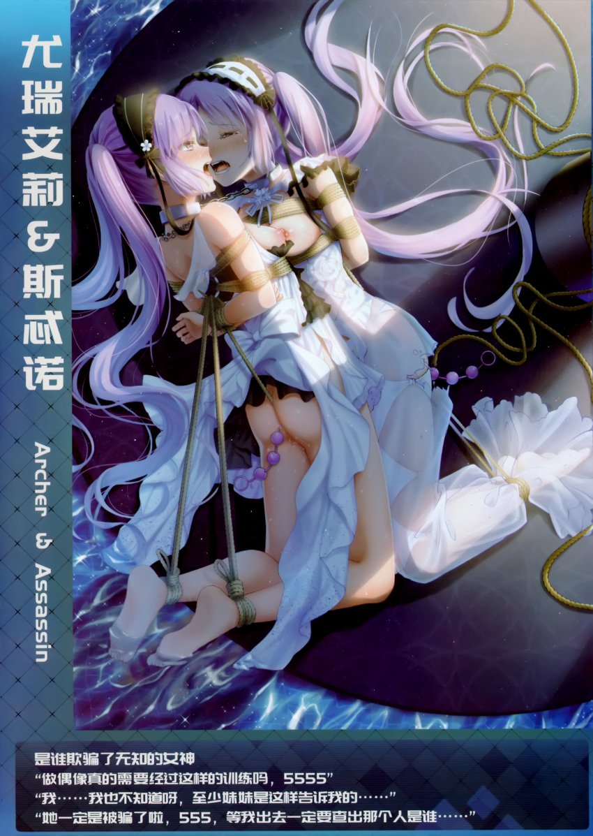 2girls anal_beads anal_insertion arms_behind_back bondage bound_together breasts chains collar euryale euryale_(fate) fate/grand_order fate/hollow_ataraxia fate_(series) feet femsub full_body kneeling linked_collar multiple_girls multiple_subs nipples rope rope_bondage stheno_(fate) tied_together tied_up tokinohimitsu