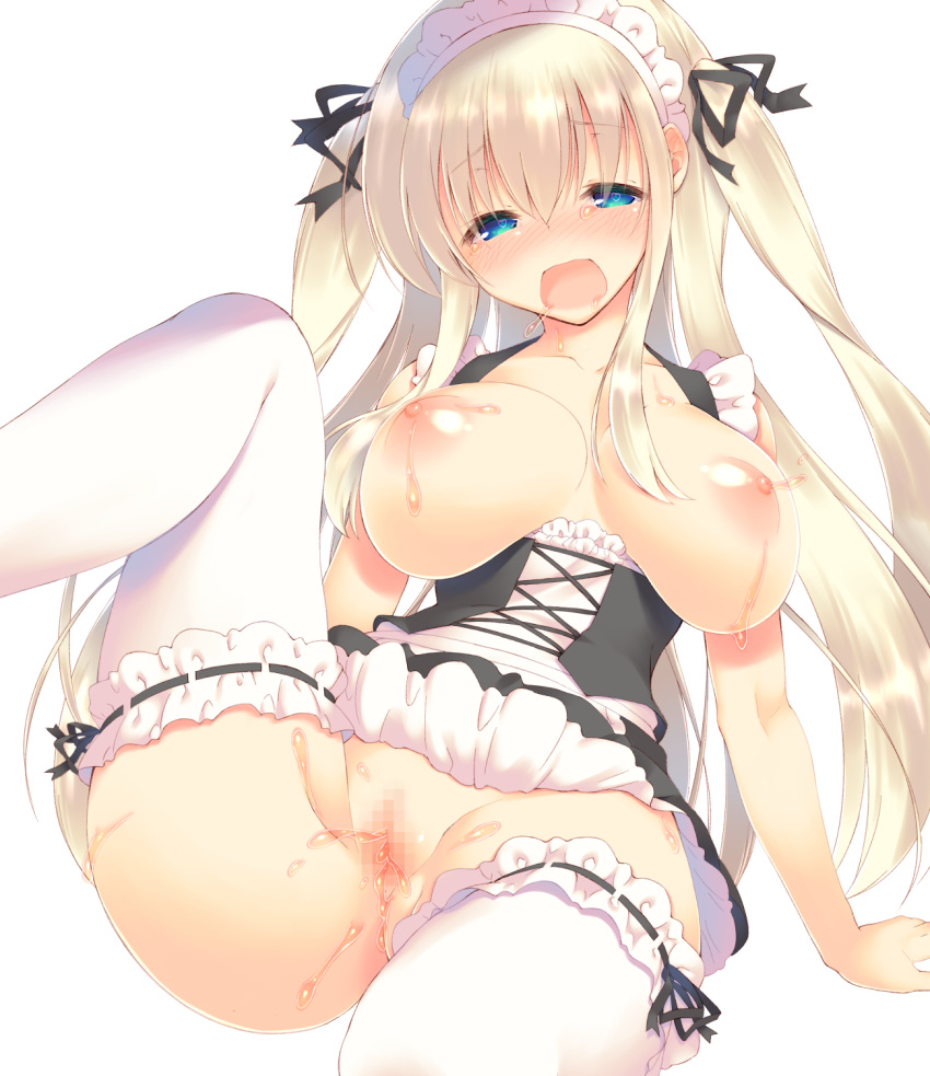 breasts censored maid mutsuno_hekisa nipples no_bra nopan pussy pussy_juice skirt_lift thighhighs