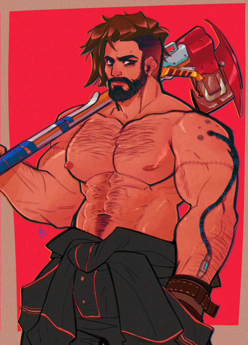 abs agent_p-3 atomic_heart bara beard biceps clothing male male_nipples male_only muscular_male nipples pecs vapedrone