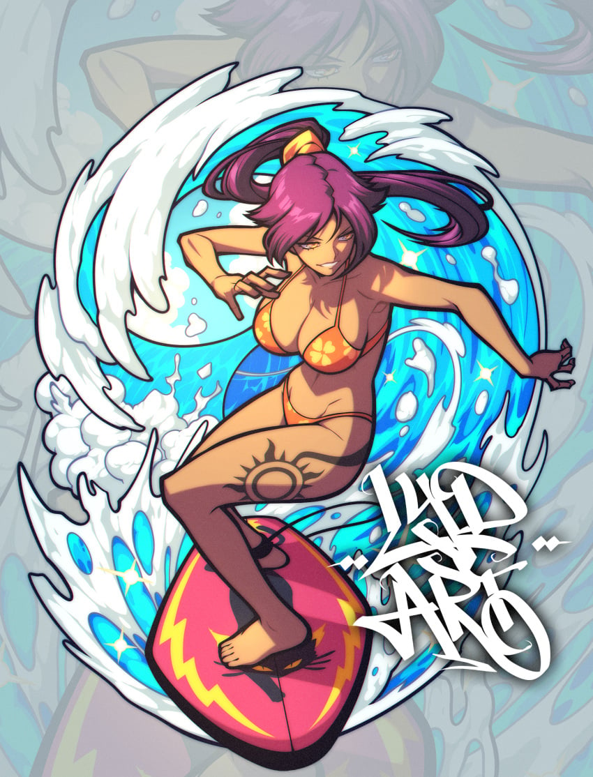 barefoot bikini bleach breasts cleavage commentary dark-skinned_female dark_skin english_commentary female floral_print full_body grin highres large_breasts leg_tattoo long_hair lydart_mclo orange_bikini ponytail purple_hair shihouin_yoruichi smile solo surfboard surfing swimsuit tattoo water waves yellow_eyes