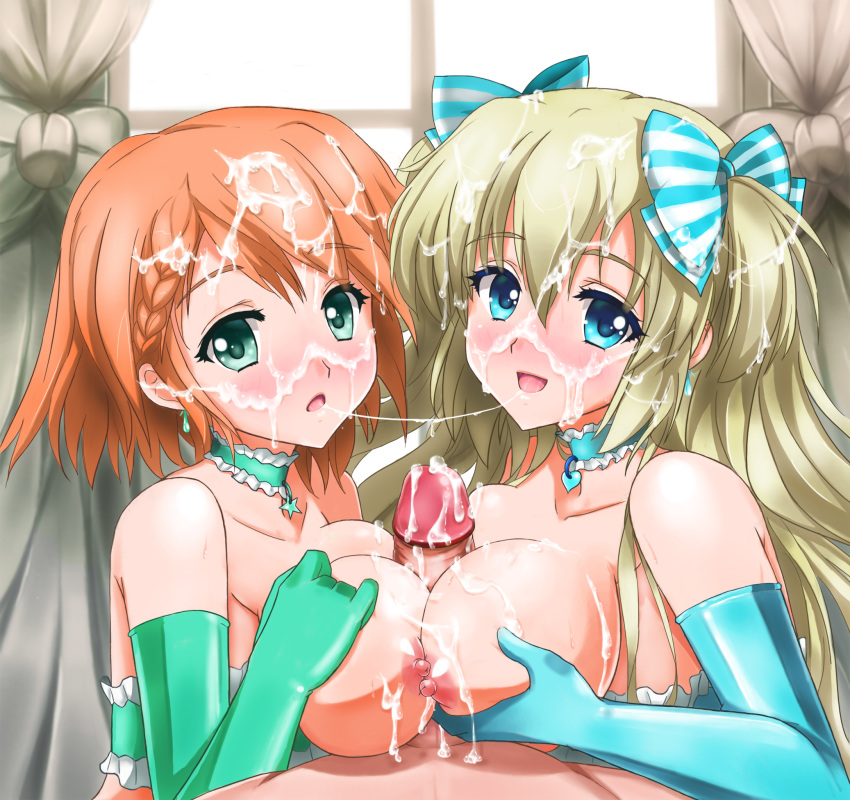 2girls bangs bangs_pinned_back blonde_hair blue_eyes blue_ribbon blush bow braid breast_hold breasts bukkake choker collar cum cum_on_body cum_on_breasts cum_on_hair cum_on_upper_body cum_string cumdrip double_paizuri earrings elbow_gloves facial frills gloves green_eyes hair_ribbon hairbow highres jewelry latex latex_gloves lise_hohenstein liseanon liz_hohenstein long_hair looking_at_viewer matching_outfit multiple_girls multiple_paizuri muv-luv muvluv muvluv_alternative nipples open_mouth orange_hair out_of_frame outercourse paizuri partially_undressed penis pov ribbon schwarzesmarken shiny shiny_clothes short_hair straight teamwork two_side_up uncensored