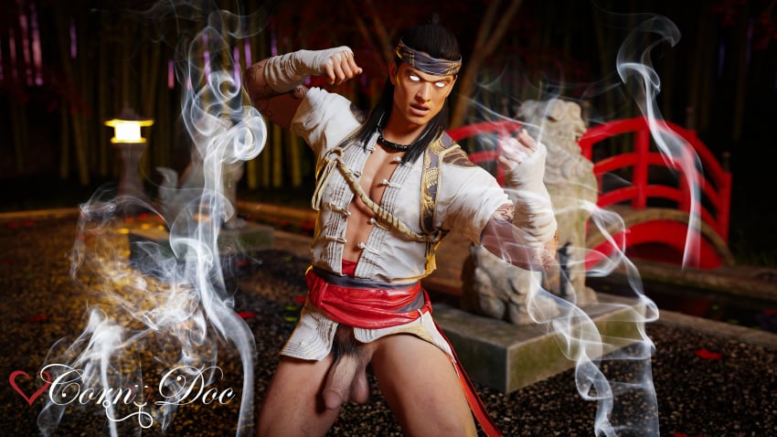 1boy 1male 3d 3d_(artwork) 3d_model asian asian_male battle_stance black_hair cock_out cornydoc demigod fire_god_liu_kang_(character) flaccid liu_kang male_only mortal_kombat mortal_kombat_1_(2023) netherrealm_studios pubic_hair ready_to_fight veiny_penis white_eyes