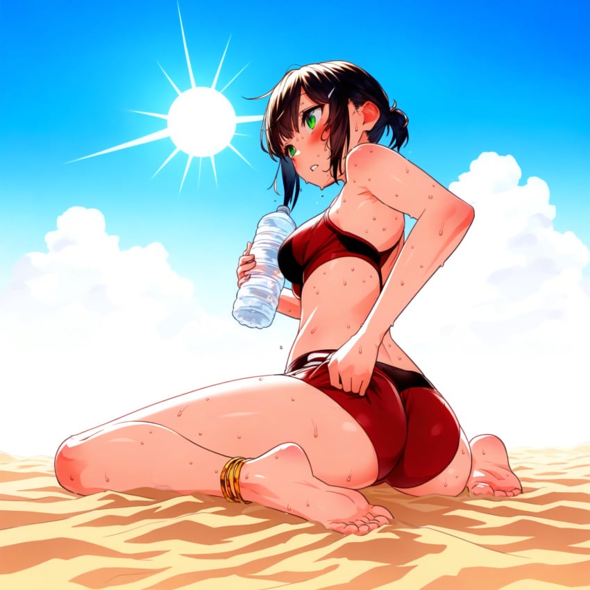 1girls ai_generated ass ass_focus bare_arms bare_back bare_legs bare_midriff bare_thighs barefoot blush bra brown_hair desert feet full_body green_eyes hot_pants hot_weather legs legs_apart looking_away original original_character panties ponytail sand shiny_skin short_hair shorts sideboob sitting spread_legs sun sweat sweatdrop sweating thighs topwear wariza water_bottle wet_clothes white_shirt yeyehuh