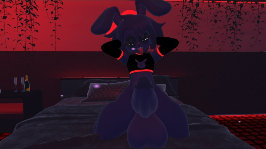 bonnie_(fnaf) cock_out femboy horny_femboy looking_at_viewer lustful_gaze on_bed ready_for_sex ready_to_fuck thick_thighs tongue_out vrchat vrchat_avatar