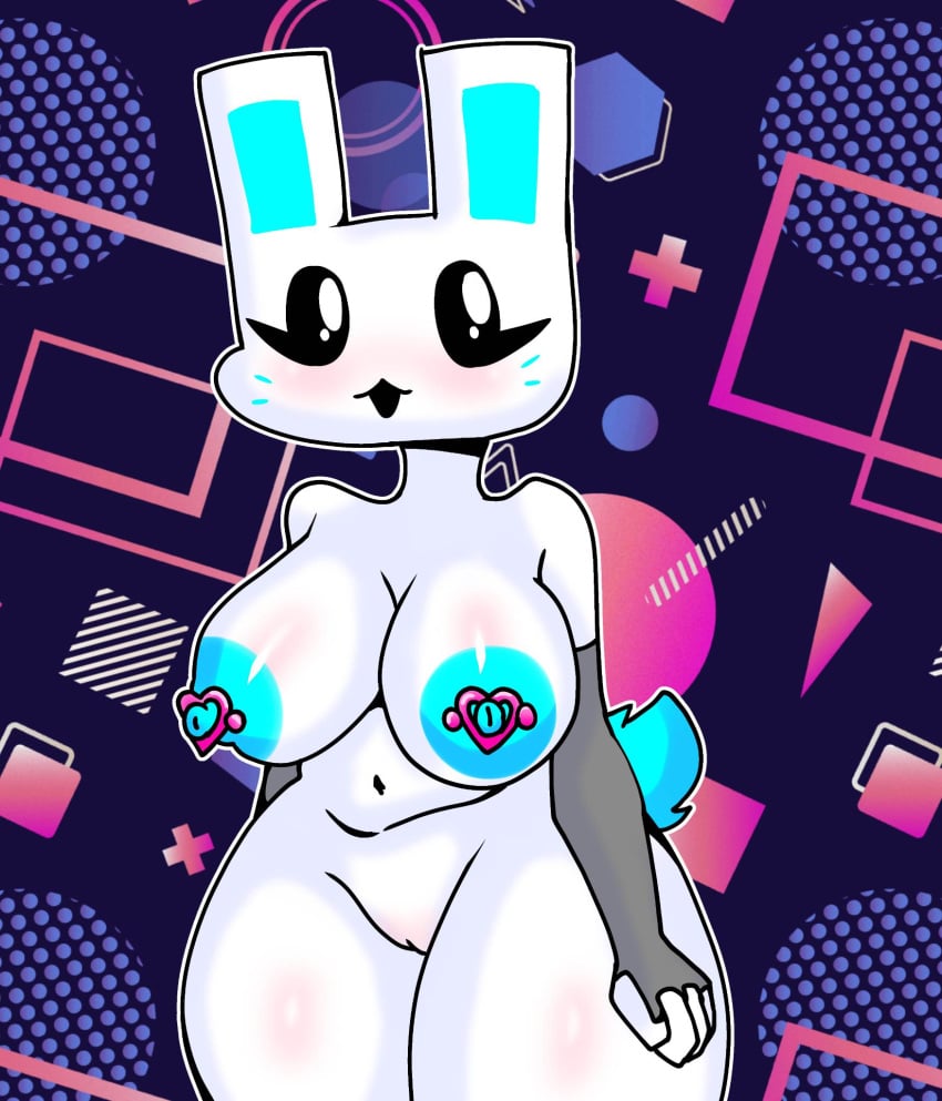 alextherabbit black_eyes cube_459_(geometry_dash) cyan_nipples geometry_dash heart_piercing highlights_(coloring) nipple_piercing pink_piercing rabbit rabbit_girl shaded white_outline white_skin