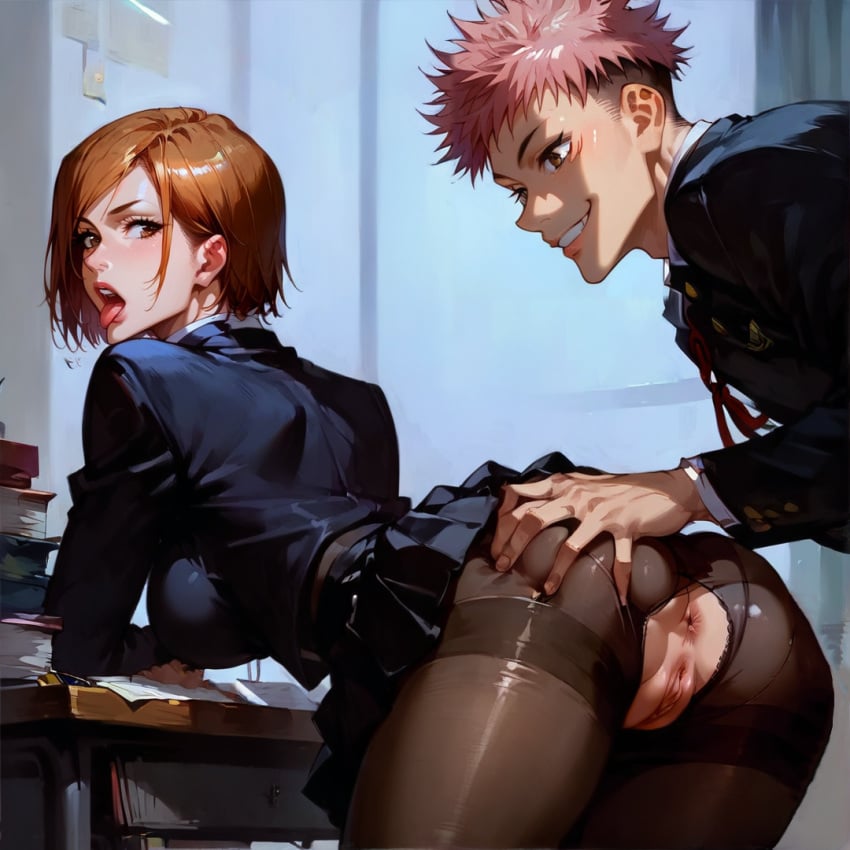 ai_generated anus ass ass_focus ass_grab black_skirt blush breasts brown_eyes couple grope grope_from_behind groping groping_from_behind itadori_yuuji jujutsu_kaisen kiraaiart kugisaki_nobara large_breasts office office_lady open_mouth orange_hair orgasm_face pantyhose pencil_skirt pink_hair pussy red_hair school_uniform sitting_on_desk skirt smile tongue tongue_out uniform