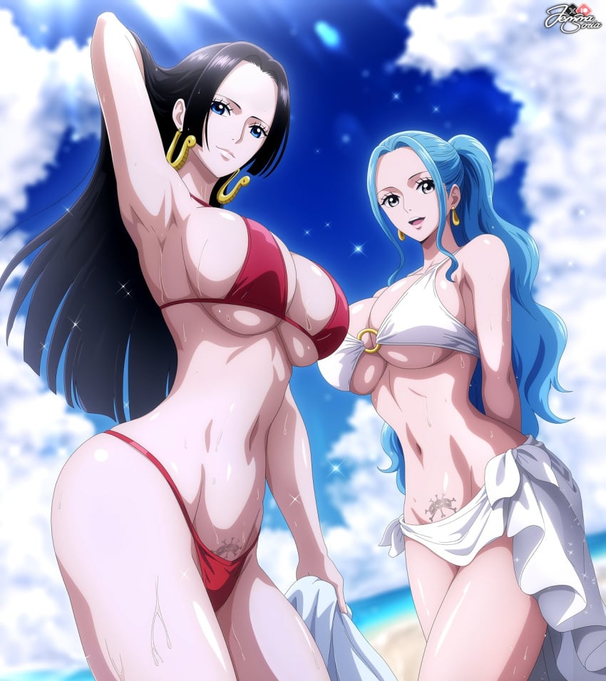 2girls ai_generated armpits beach big_breasts bikini blue_hair boa_hancock female female_only jemmasoria jolly_roger_tattoo_(one_piece) nefertari_vivi one_piece pubic_tattoo swimsuit tattoo underboob voluptuous voluptuous_female wet