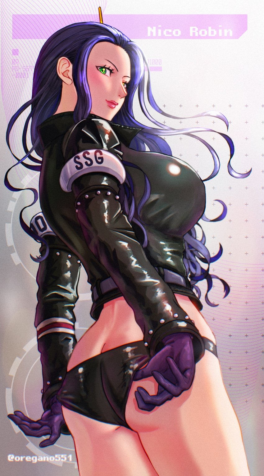 adjusting_panties ass_crack big_breasts black_panties female female_only from_behind gloves latex_panties leather leather_clothing leather_jacket leather_panties nico_robin nico_robin_(egghead) one_piece one_piece:_egghead_arc oregano551 thigh_clothes