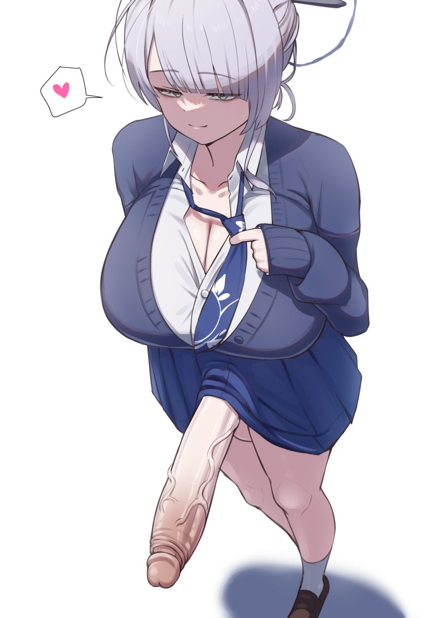 absurdres blue_cardigan blue_necktie blue_skirt breasts cardigan cleavage closed_mouth collared_shirt erection female futanari grey_eyes grey_hair grey_halo halo heart highres huge_breasts huge_cock itokonoue_kaoru long_cock long_penis long_sleeves looking_at_viewer necktie penis project_kv shirt simple_background skirt smile socks solo spammayo spammayoss spoken_heart standing testicles uncensored veins veiny_penis white_background white_shirt white_socks