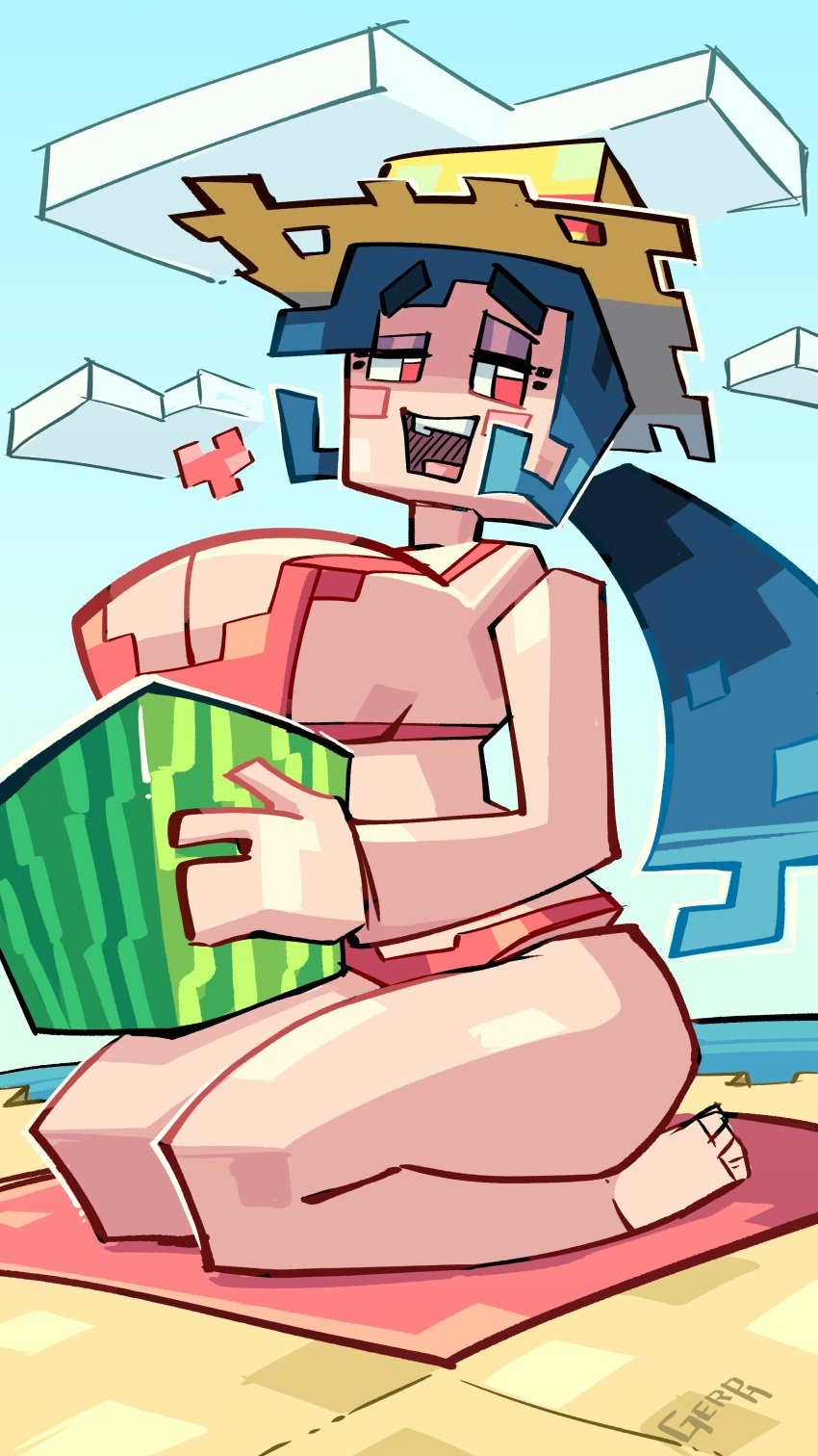 1girl 1girls artist_name beach beach_towel bikini bikini_bottom bikini_top blocky_body blue_hair clouds exposed_thighs feet female female_focus female_only gerph hat heart human humanoid kneeling milf minecraft mojang ocean open_mouth pink_eyes sideboob sky sole_female straw_hat tagme teeth teeth_showing thighs tongue twitter_link water watermark watermelon