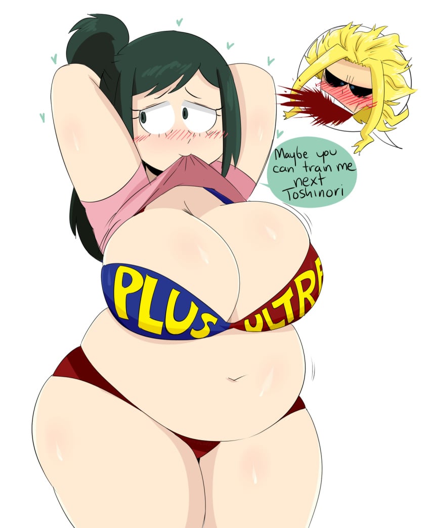 1girls all_might big_breasts black_hair blonde_hair blush bra breasts bursting_breasts chubby cleavage color cute eyebrows eyebrows_visible_through_hair fat female female_focus green_hair hand_on_head hands_up heart hi_res high_resolution highres huge_breasts inko_midoriya jinu light-skinned_female light_skin long_hair looking_away male mature_female milf mother my_hero_academia panties parent plain_background ponytail red_panties shirt shirt_in_mouth shirt_lift short_sleeves shounen_jump teasing text thick_thighs thighs toshinori_yagi voluptuous white_background yellow_hair