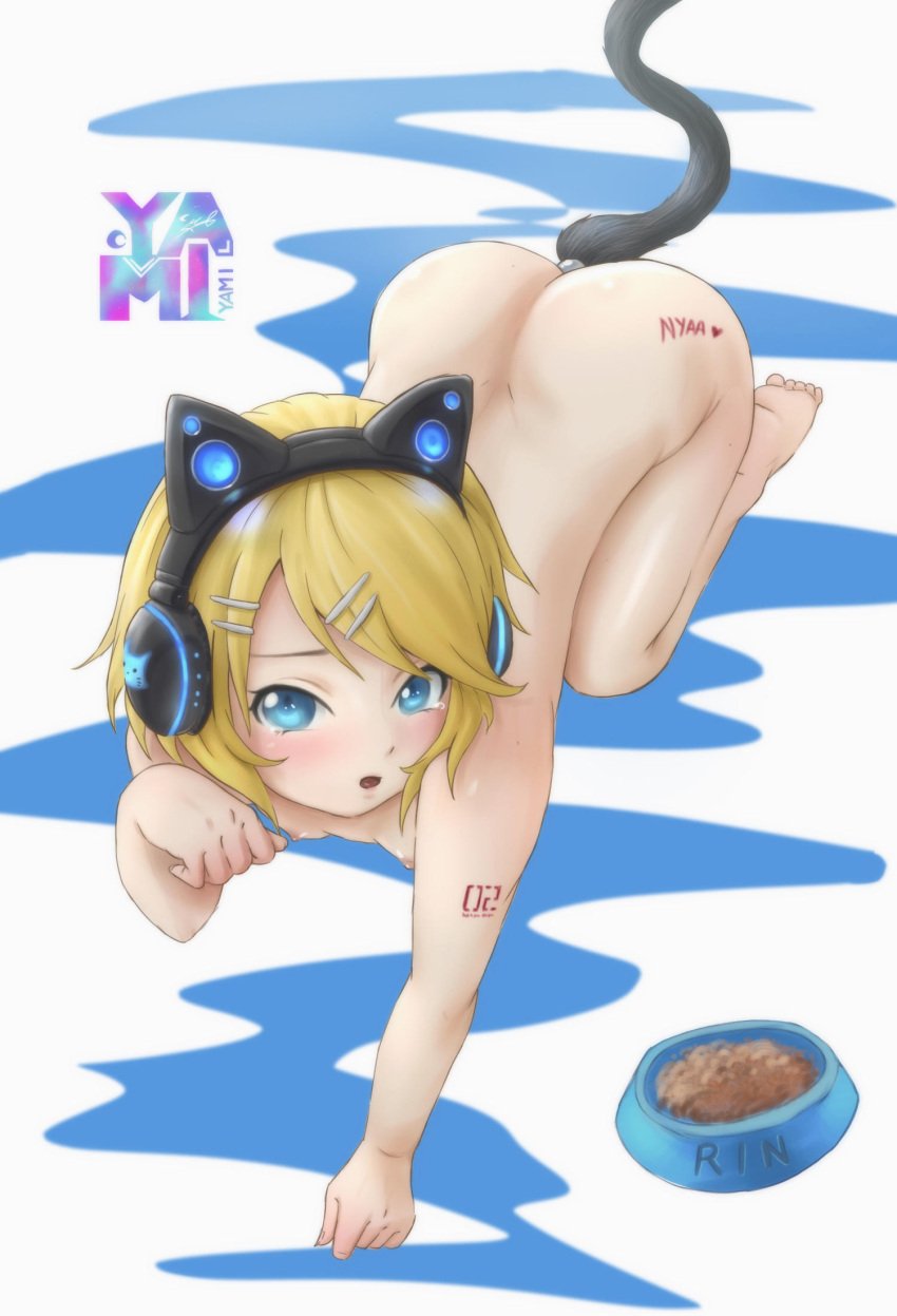 all_fours anal anal_object_insertion anal_tail animal_ear_headphones animal_ears aqua_eyes arm_tattoo blonde_hair blush body_writing bowl breasts butt_plug cat_ear_headphones cat_ears cat_girl cat_tail completely_nude fake_animal_ears fake_tail female full_body hair_ornament hairclip headphones headset highres kagamine_rin leg_tattoo looking_at_viewer nipples nude number_tattoo object_insertion open_mouth paw_pose pet_bowl pet_food pet_play sex_toy short_hair simple_background small_breasts solo tail tail_ornament tattoo vocaloid yamivisualkei