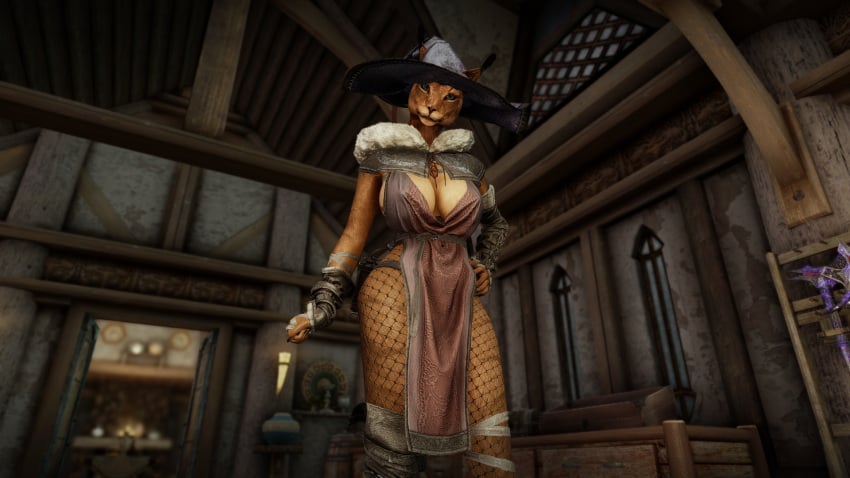 3d amulet anthro bethesda_softworks big_breasts blue_eyes body_wraps breasts caracal_ears cat_ears dressed female female_focus female_only fishnets fur furry house inside khajiit kittymage lantern mantle panties sktorus skyrim solo solo_female wizard_hat