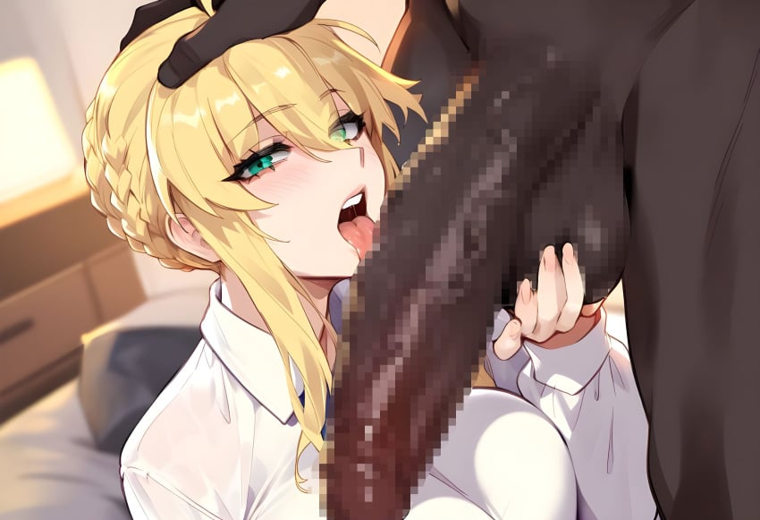 ai_generated artist_name artoria_pendragon artoria_pendragon_(lancer) blonde_hair censored dark-skinned_male dark_skin fate/grand_order fate_(series) huge_breasts huge_cock licking licking_penis light-skinned_female light_skin milory