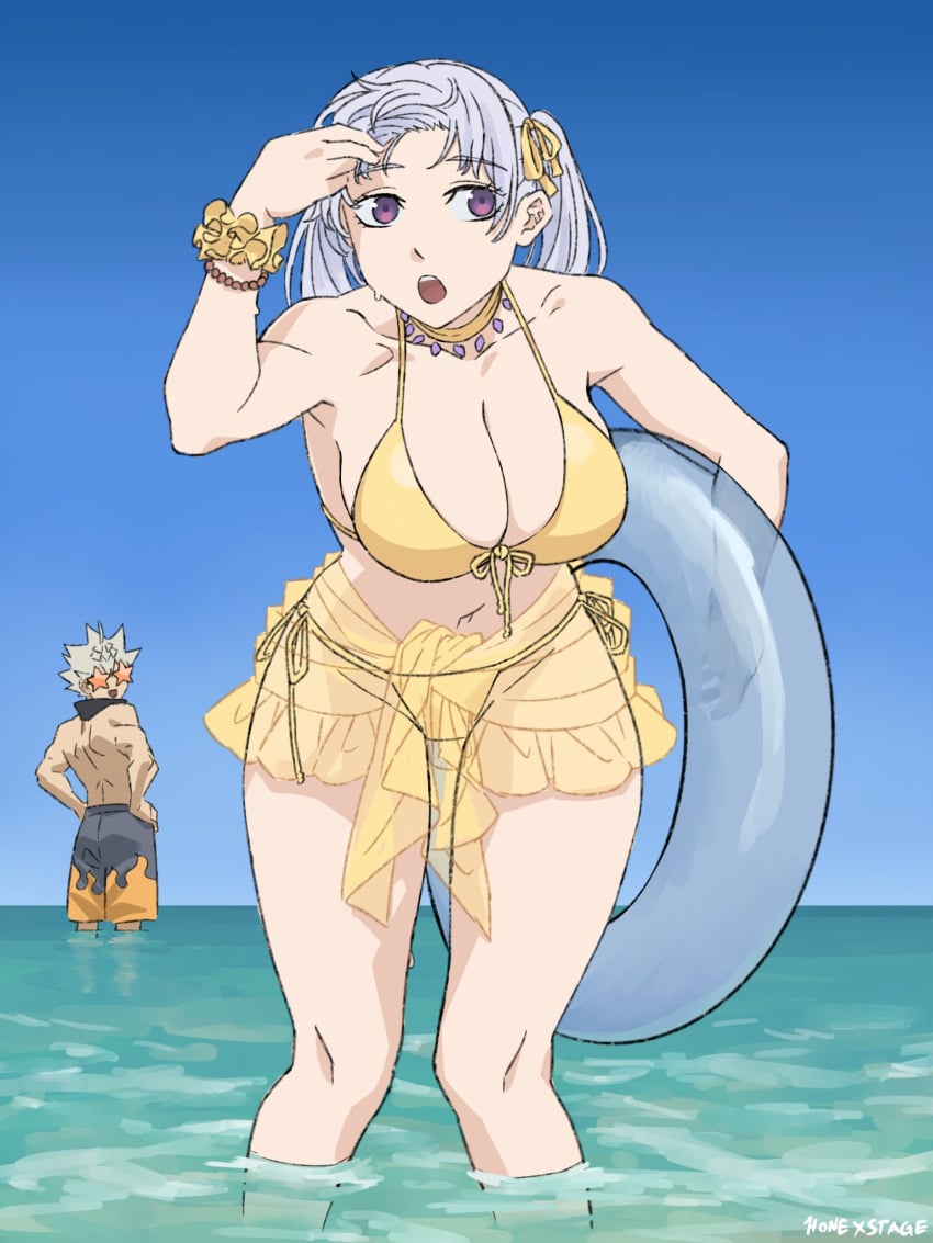 1girls asta_(black_clover) beach big_breasts bikini bikini_bottom bikini_top black_clover breasts clothed clothed_female female floatie light-skinned_female light_skin noelle_silva skwd swimsuit swimwear thick_thighs water