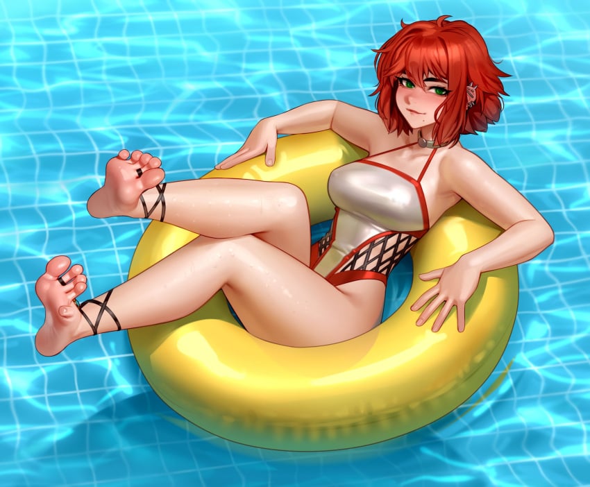 bikini ear_piercing feet feet_up green_eyes kairuhentai kairunoburogu looking_at_viewer mole neckwear nipple_bulge pool red_hair smiling soles solo_female toe_curl toe_ring