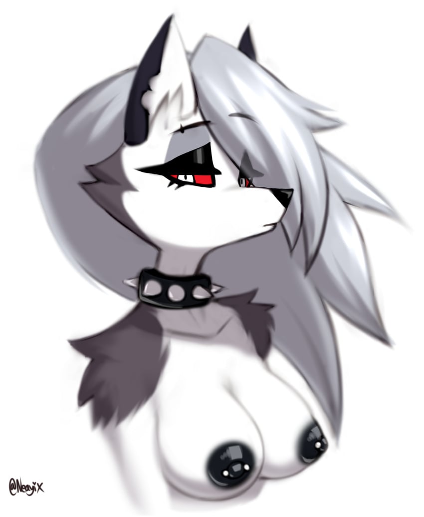 anthro areola big_breasts breasts canid canid_demon canine collar collar_only demon female grey_hair hair hellhound helluva_boss hi_res loona_(helluva_boss) mammal mythological_canine mythological_creature mythology neayix nipple_piercing nipples nude piercing red_sclera solo spiked_collar spikes