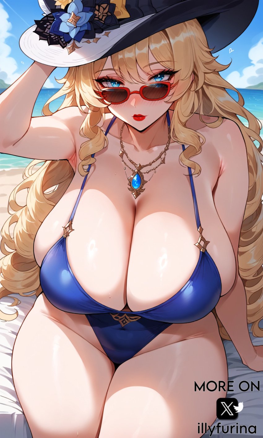 ai_generated beach beach_background big_breasts big_breasts blue_eyes breasts breasts breasts_bigger_than_head breasts_focus collar curvy curvy_body curvy_female curvy_figure female female female_focus female_only genshin_impact hat huge_boobs huge_breasts huge_thighs illyfurina lips lipstick long_sleeves looking_at_viewer looking_up looking_up_at_viewer milf milf_body navia_(genshin_impact) pale-skinned_female pale_skin red_lipstick seducing seduction seductive seductive_body seductive_eyes seductive_gaze seductive_look seductive_mouth seductive_pose serious serious_look stable_diffusion sunglasses sunglasses_on_face swimsuit thighs waifu waifu_diffusion watermark woman_focus woman_only