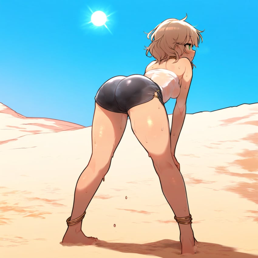 1girls ai_generated ass bare_arms bare_legs bare_thighs barefoot blush bra brown_hair desert feet full_body hot_pants hot_weather legs looking_away original original_character overheated panties sand shiny_skin shorts sun sweat sweatdrop sweating thighs topwear wet_clothes white_shirt yeyehuh