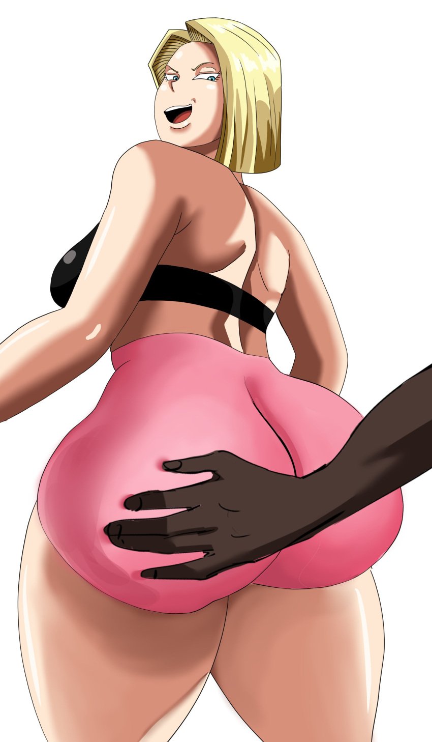 1boy 1girls android android_18 anime ass big_ass big_butt blonde_female blonde_hair blonde_hair_female cheating clothed clothed_female dark-skinned_male dark_skin dragon_ball dragon_ball_z female female_focus light-skinned_female light_skin looking_back manga netorare ntr simp4a18