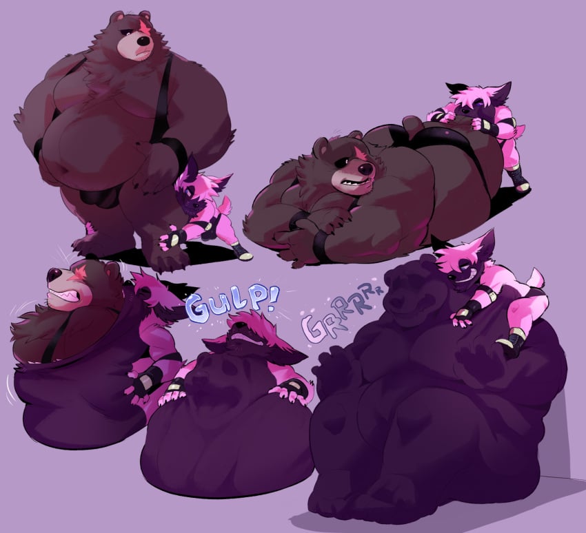 2024 anthro bear belly ben_bigger black_clothing black_underwear brown_body brown_fur canid canine clothing duo eye_scar facial_scar fox fur hi_res male male/male mammal mihoyo moobs onomatopoeia oral_vore overweight overweight_male pink_body pink_fur ploommy purple_background scar simple_background sound_effects text underwear vore zenless_zone_zero