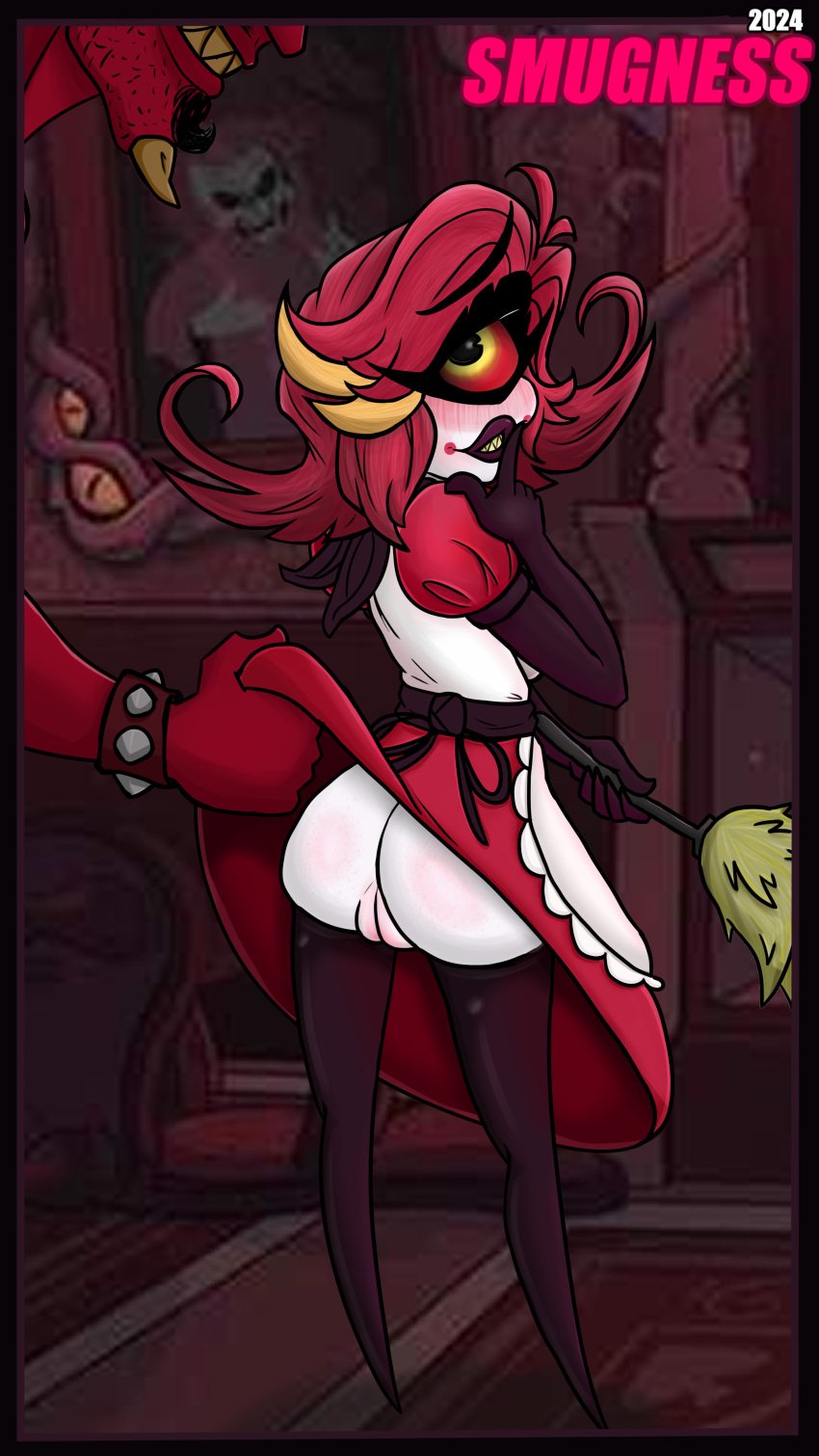 aroused blush bubble_butt flashing hazbin_hotel niffty one_eye red_hair smugness suggestive_look yellow_eyes