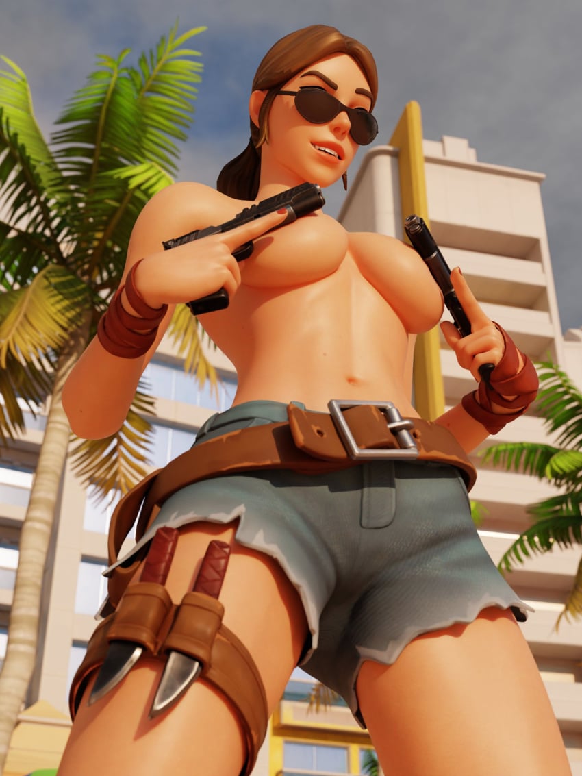 big_breasts breasts clothed clothed_female clothing covered_nipples covering_breasts fortnite gun guns jabbi_2k knife leg_band mostly_nude mostly_nude_female open_mouth partially_clothed partially_clothed_female public public_nudity safari_(fortnite) shiny shiny_skin shorts solo sunglasses tinted_eyewear tinted_glasses topless topless_female wristband wristbands