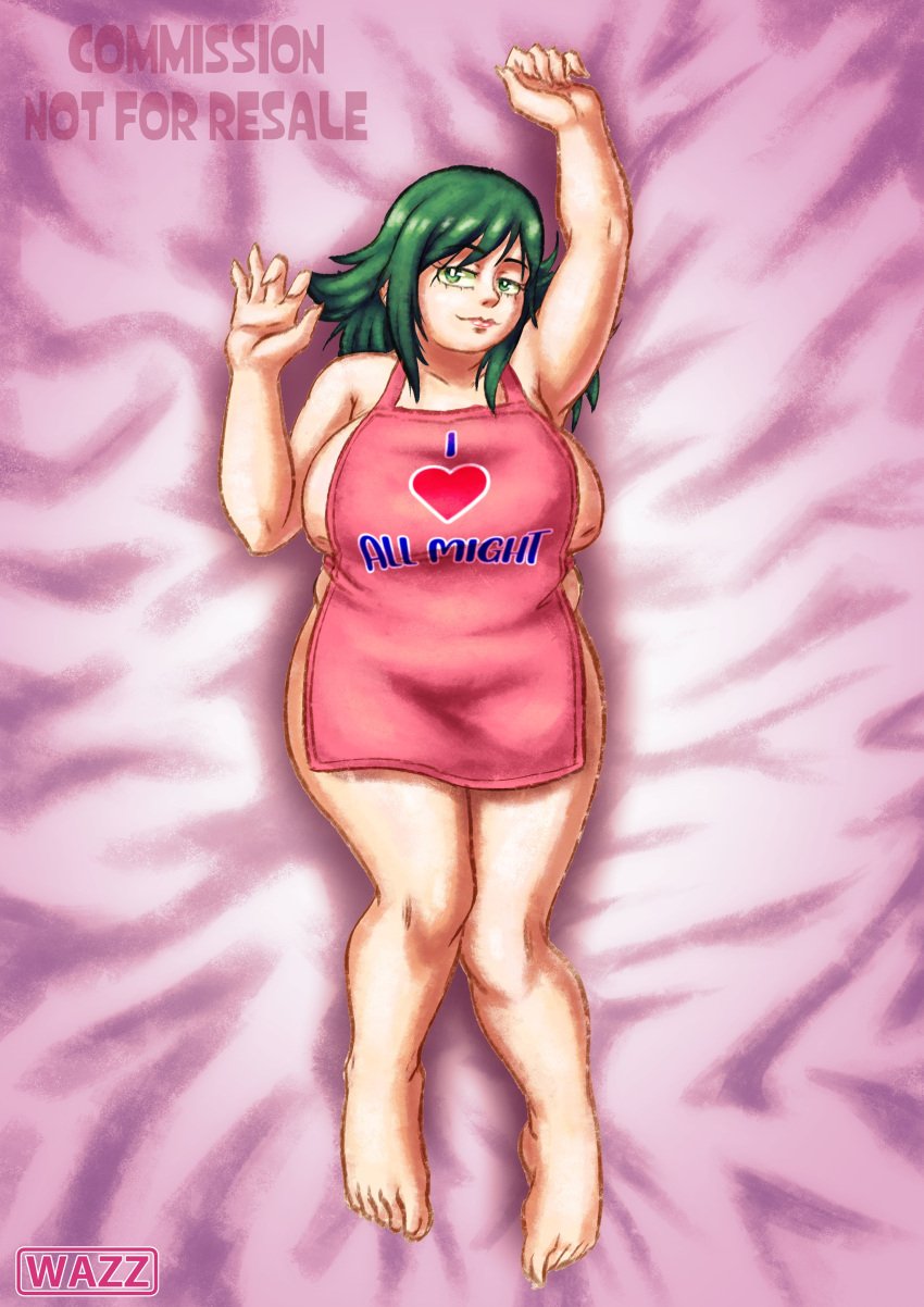 apron chubby chubby_female exposed_breasts green_eyes green_hair inko_midoriya large_breasts laying_down laying_on_back laying_on_bed looking_at_viewer milf my_hero_academia naked_apron pink_sheets plump solo solo_female solo_focus tummy wazzaby