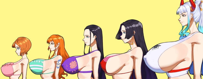 47_hard big_breasts bikini_top boa_hancock breast_size_comparison breast_size_difference female female_only height_difference huge_breasts koala_(one_piece) nami nami_(one_piece) nico_robin nipple_bulge one_piece oni_female oni_horns sideboob yamato_(one_piece)