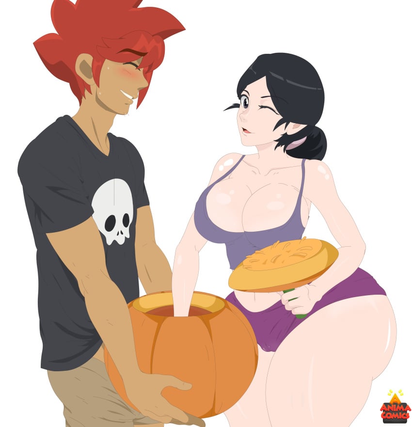 animacomics anna_lucy_(rune_adventure) big_ass big_breasts big_butt black_hair blush cheating_mother cheating_wife halloween halloween_theme handjob hidden_penis leon_(rune_adventure) mature_female milf panties pumpkin purple_panties rune_adventure wink