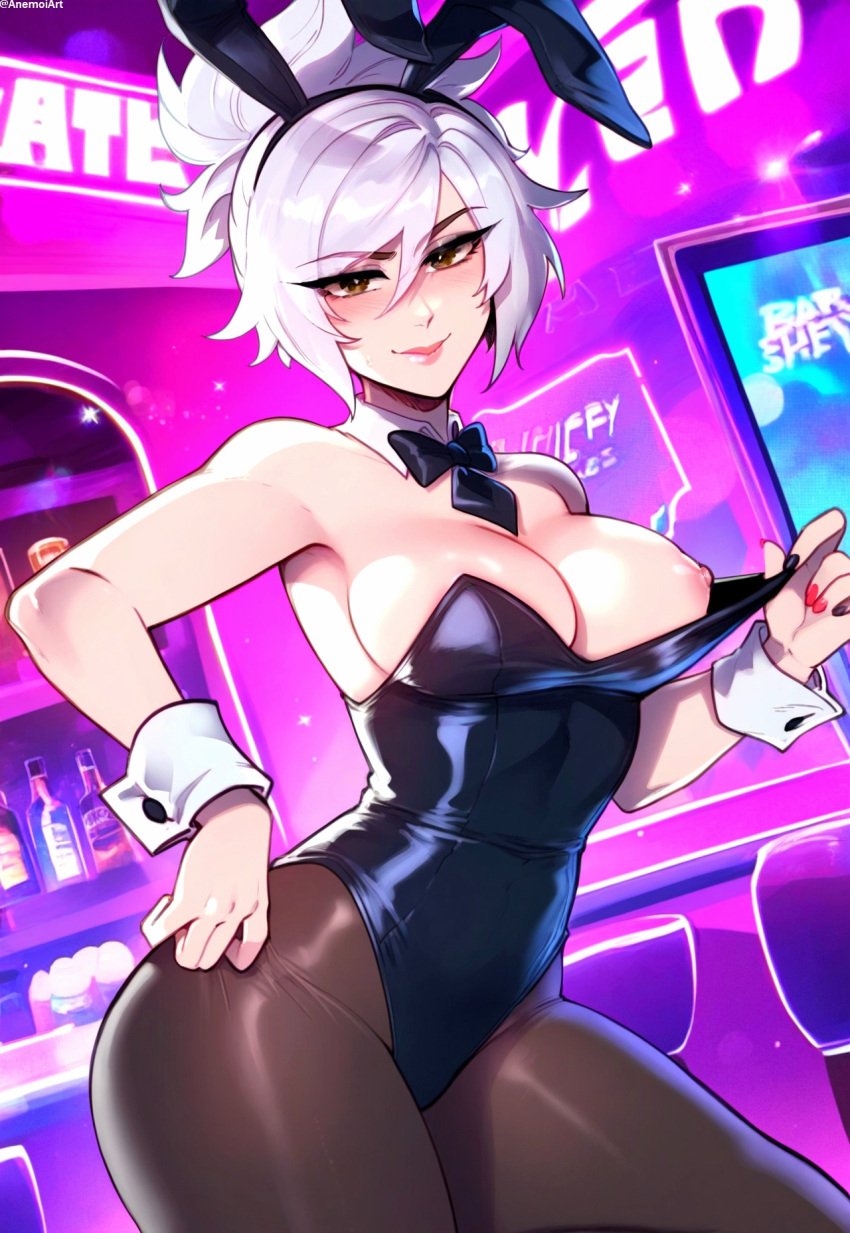 1female 1girls adjusting_clothes ai_generated anemoi battle_bunny_riven blush breasts brown_eyes bunny_ears bunny_girl bunnysuit collar exposed_breast exposed_nipple female flashing front_view league_of_legends looking_at_viewer nail_polish nails naughty naughty_face naughty_smile nightclub nipple pantyhose playboy_bunny riot_games riven sole_female solo teasing teasing_viewer watermark white_hair wrist_cuffs