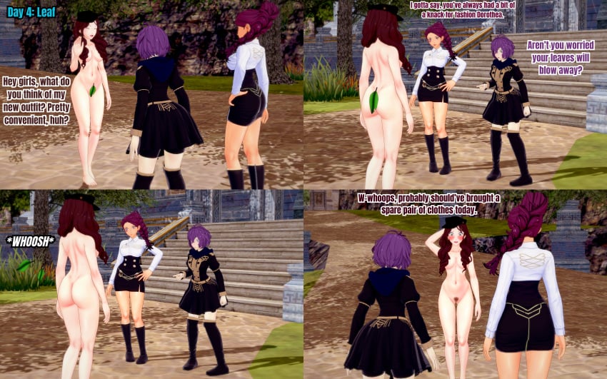 3girls barefoot beret bernadetta_von_varley boots braided_hair braided_ponytail brown_hair censored_to_uncensored clothed_female_nude_female completely_nude completely_nude_female dorothea_arnault female female_only fire_emblem fire_emblem:_three_houses garreg_mach_monastery_uniform hair_censor koikatsu leaf long_hair long_sleeves naked_beret naked_hat navel nude nude_female petra_macneary purple_hair pussy retropunch senftember senftember_(2024) short_hair skirt spats