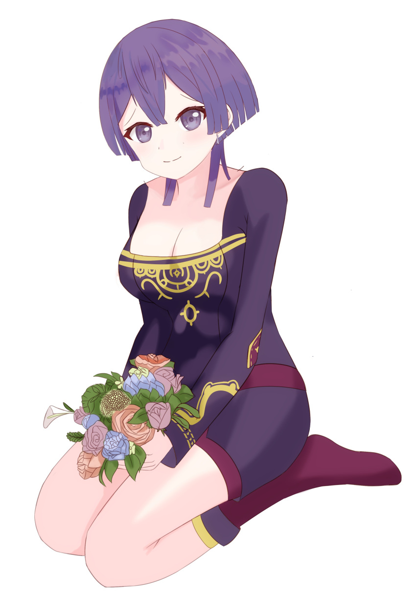 1girls bernadetta_von_varley cleavage female_only fire_emblem fire_emblem:_three_houses flowers large_breasts looking_at_viewer nintendo post-timeskip purple_eyes purple_hair sitting sitting_on_floor smile solo solo_female soulx720