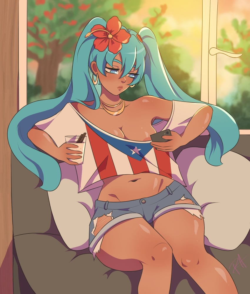 areola_peek asian_latina belly_button big_thighs blue_eyes blue_hair cellphone hatsune_miku jean_shorts no_bra oversized_shirt puerto_rican puerto_rican_flag puerto_rican_miku ragoldcat shiny_skin tanned_skin texting