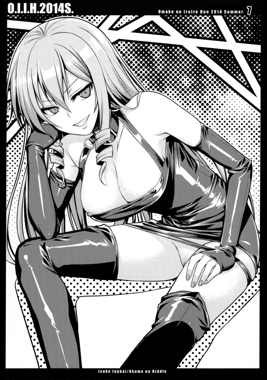 40010prototype akuma_no_riddle boots breasts character_name cleavage clothing copyright_name dress drill_hair erect_nipples female hand_on_own_face highres inukai_isuke large_breasts looking_at_viewer monochrome nipple_slip nipples no_bra no_panties pussy short_dress smile solo thigh_boots thighhighs