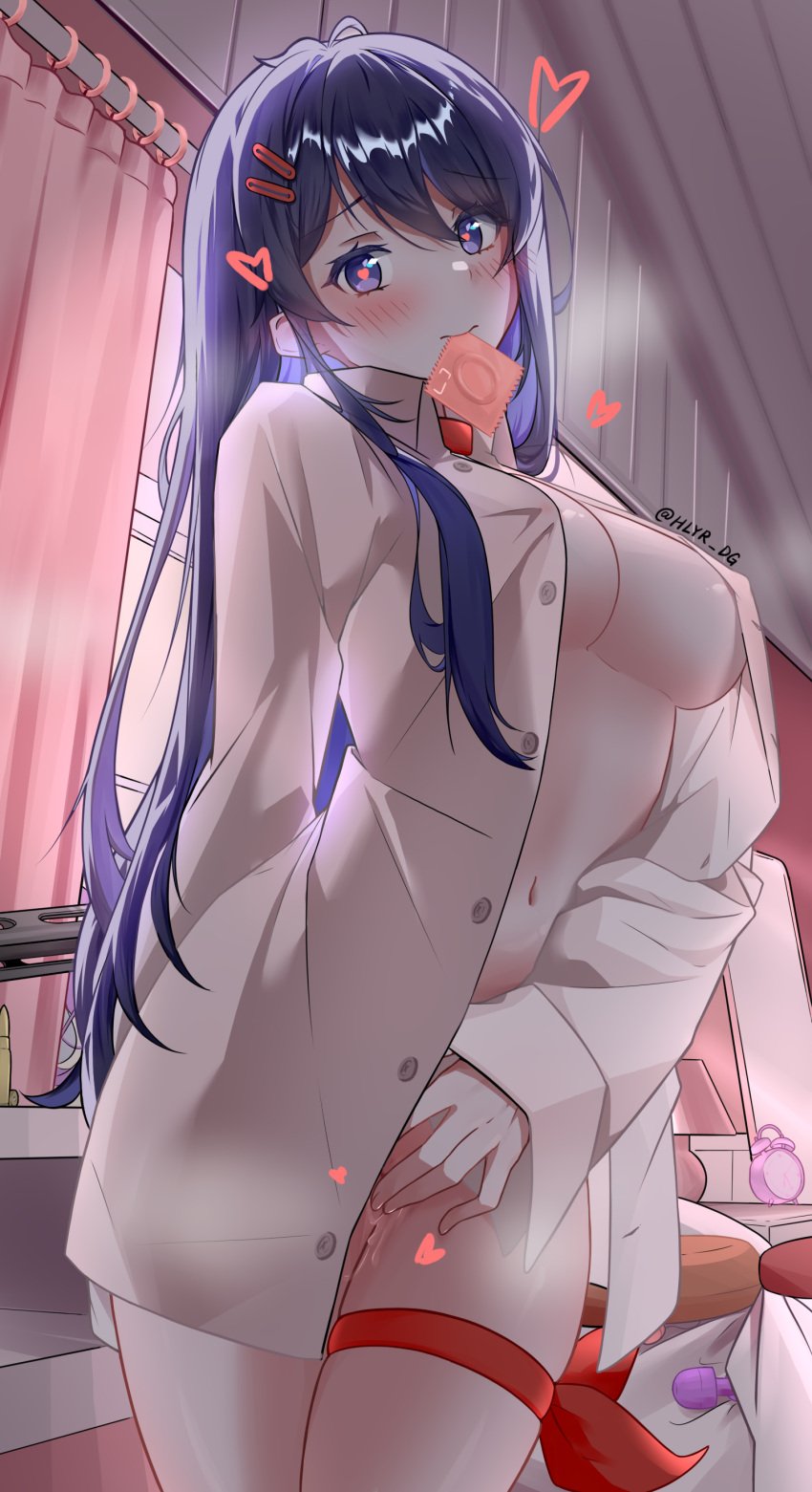 absurdres alarm_clock artist_name blue_eyes blue_hair blush bow breasts clock condom condom_in_mouth diguo_keran_wu female female_masturbation heart heart-shaped_pupils highres hitachi_magic_wand indoors kind_mita_(miside) long_hair long_sleeves looking_at_viewer masturbation medium_breasts miside mita_(miside) mixed-language_commentary mouth_hold naked_shirt navel open_clothes open_shirt pussy_juice red_bow sex_toy shirt solo standing_masturbation steam symbol-shaped_pupils thigh_strap thighs vibrator white_shirt