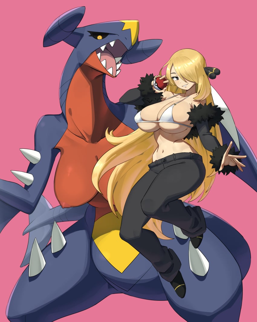 2girls blonde_hair cynthia_(pokemon) flowerpigeon73 garchomp huge_breasts pokemon tagme