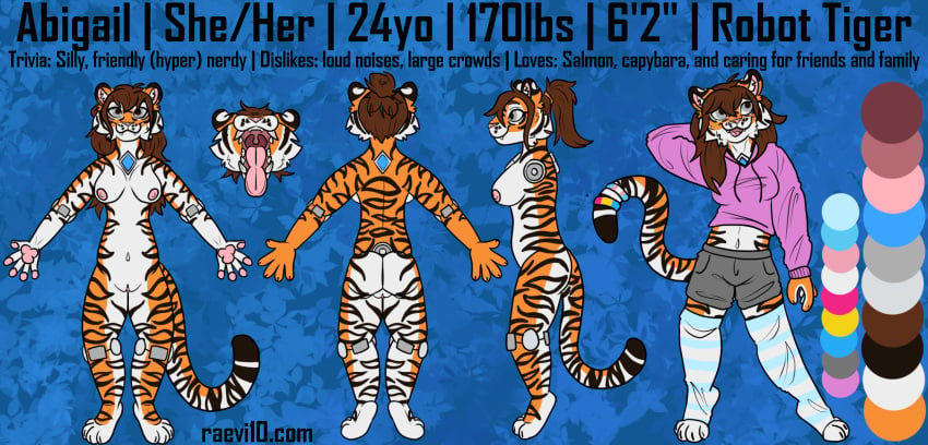 animal_print bottomwear breasts clothing felid feline female genitals hi_res hoodie legwear machine mammal pantherine pussy raevi10 reference_image robot robot_anthro shorts slit_(disambiguation) stripes thigh thigh_highs tiger tiger_print topwear