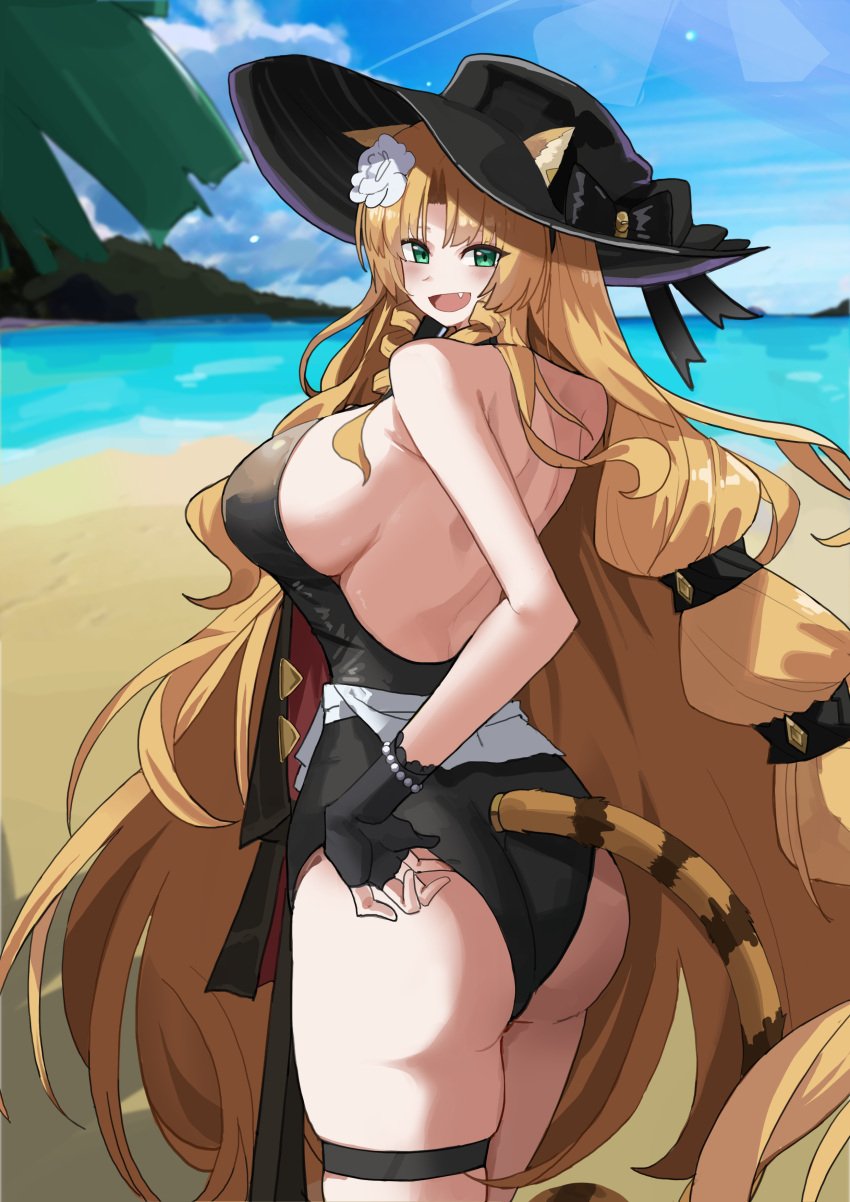 animal_ears arknights ass female female_only hat one-piece_swimsuit sideboob solo solo_female swimsuit swire_(arknights) swire_the_elegant_wit_(arknights) tail tiger_girl