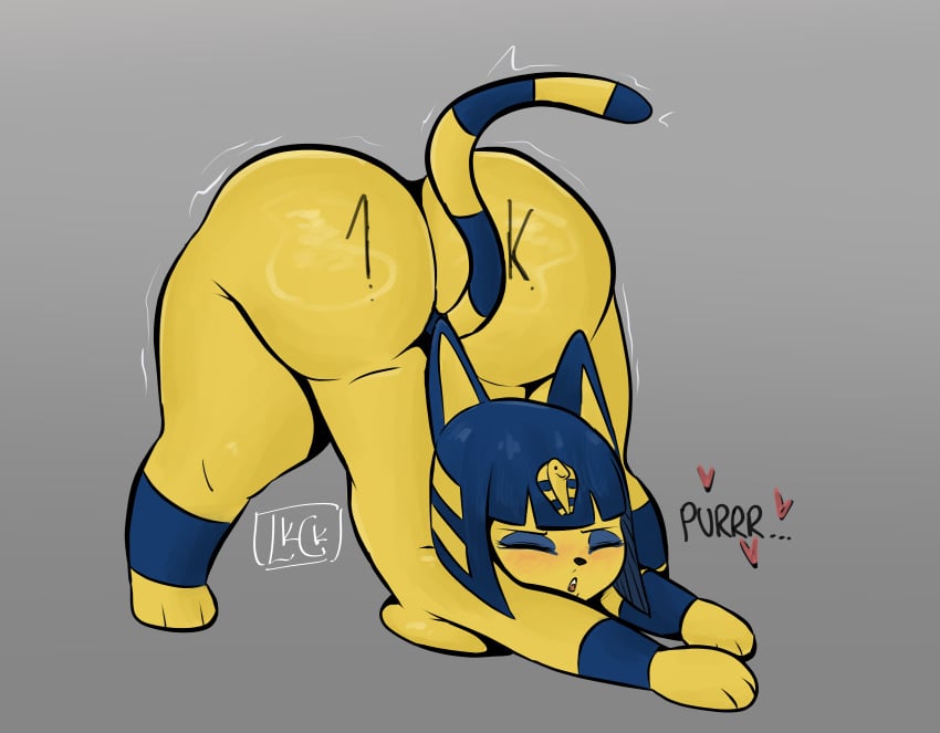 1girls animal_crossing ankha ankha_(animal_crossing) anthro ass ass_bigger_than_head ass_up big_ass body_writing bodywriting breast_press cat_ears cat_stretch cat_tail closed_eyes feline feline_humanoid female fur furry heart heart_symbol leekcheek paws purring solo solo_female solo_focus stretch stretching tail wobble