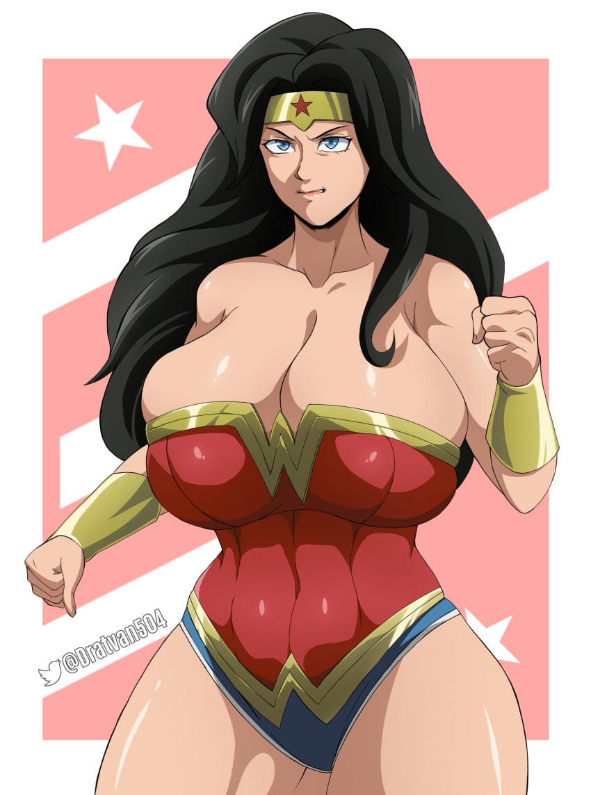 1girls abs alternate_breast_size angry big_breasts black_hair blue_eyes breasts clavicle cleavage clenched_fist clenched_hand dc_comics dratvan female hourglass_figure huge_breasts large_breasts leotard long_hair muscular muscular_female navel_line skindentation solo superheroine thick_thighs tiara wonder_woman wonder_woman_(series)