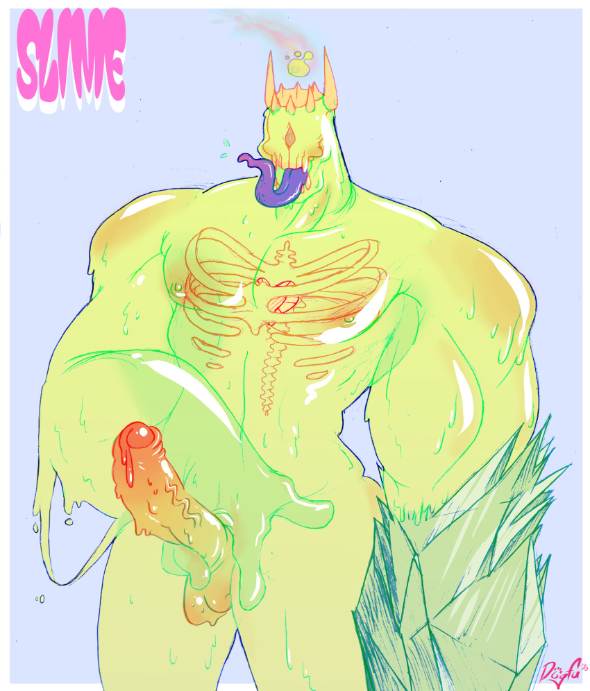 anthro balls bone creepy crystal dogfu erection goo_creature hi_res long_tongue male male_only monster muscular nipples penis simple_background skull slime solo tongue tongue_out uncut vein veiny_penis