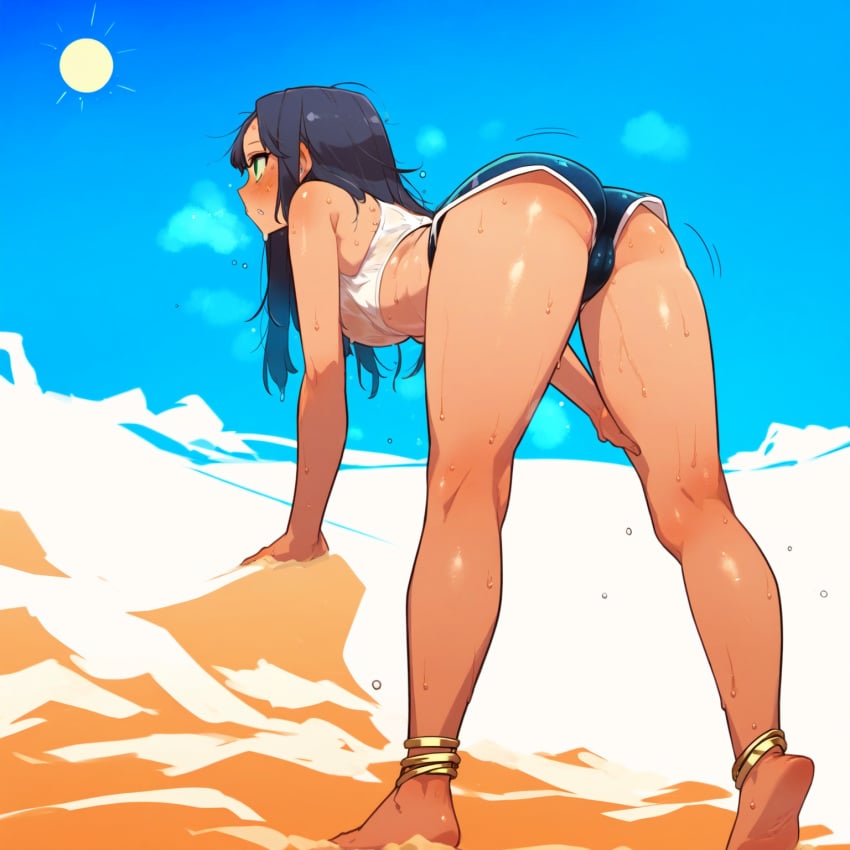 1girls ai_generated ass bare_arms bare_legs bare_thighs barefoot blush bra brown_hair desert feet full_body hot_pants hot_weather legs looking_away original original_character overheated panties sand shiny_skin shorts sun sweat sweatdrop sweating thighs topwear wet_clothes white_shirt yeyehuh